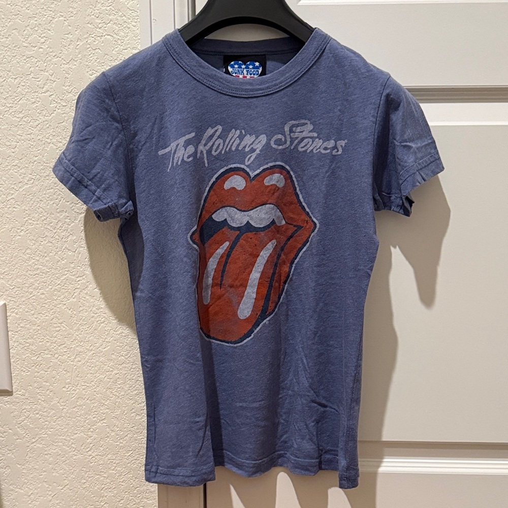 Junk Food Clothing Blue Kids Short Sleeve Tee with Red Tongue Graphic